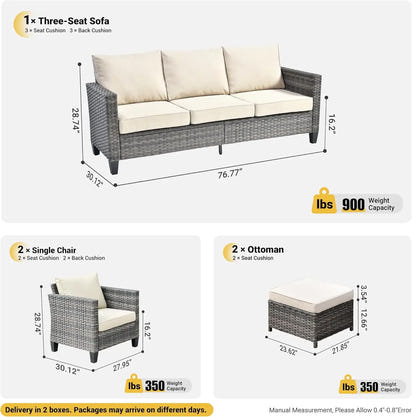 Patio Furniture Set, 5 Pieces Outdoor Wicker Sofa Couch with Chairs, Ottomans and Comfy Cushions, All Weather High