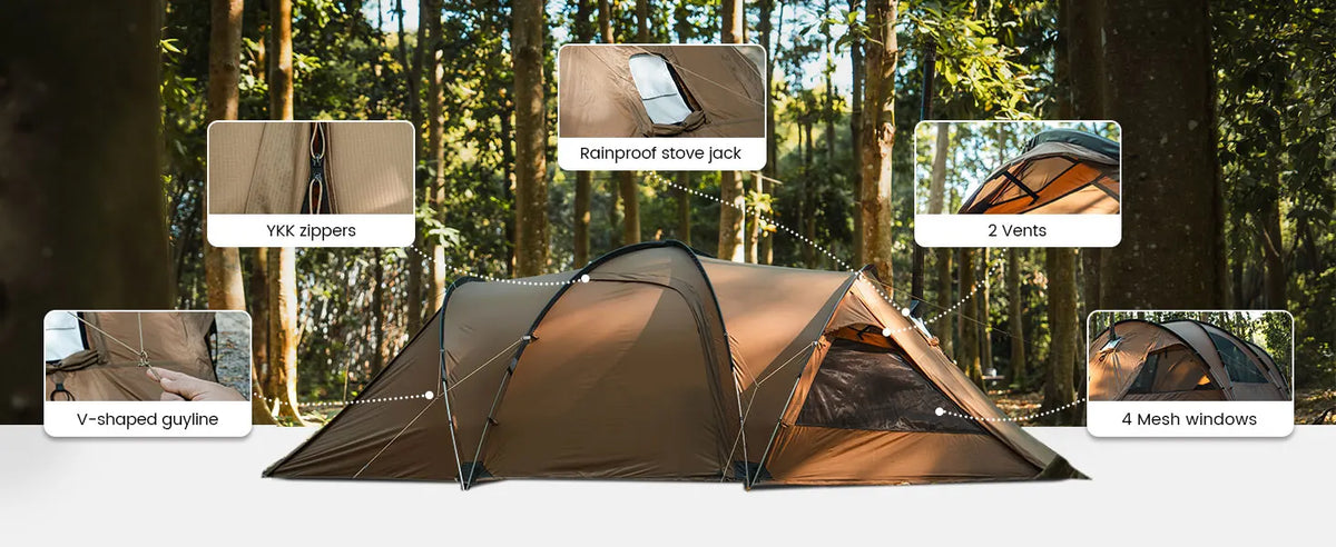OneTigris Orbitis Tunnel Tent with Stove Jack 4 Person Lightweight Camping Hot Tent with Mesh Vent for Glamping Bushcraft Travel