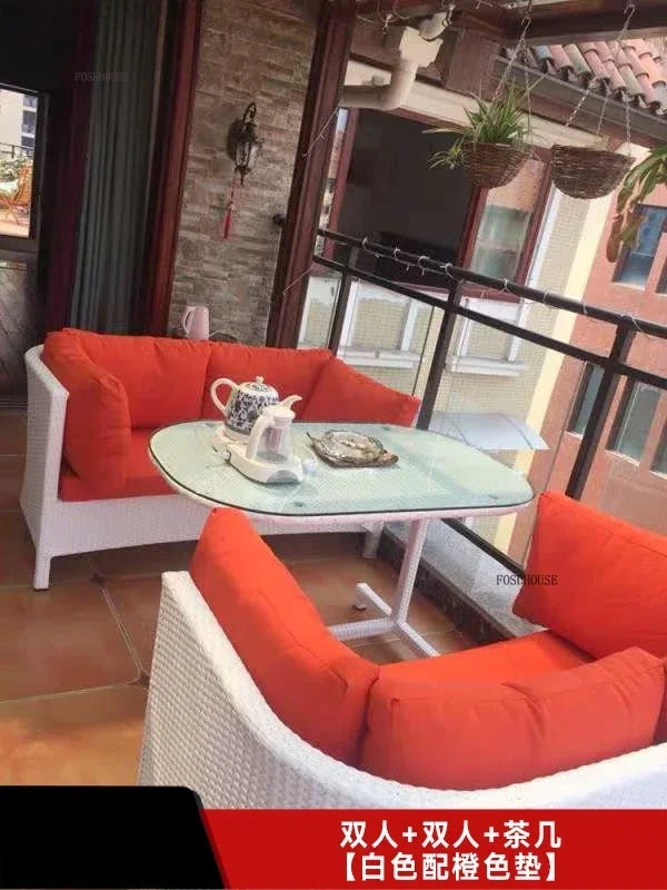 Nordic Outdoor Garden Sofas Leisure PE Rattan Garden Terrace Sofa Chair Set Courtyard Balcony Double Sofa Outdoor Furniture GG A