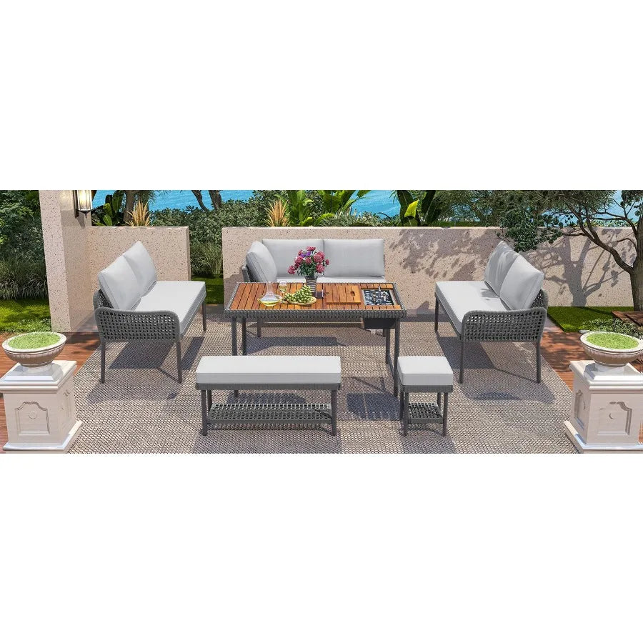 KK 6Piece Rope Patio Furniture LShaped Set Outdoor Sectional Sofa Set with Acacia Wood Table with Ice Box Rope Benches Rope Con
