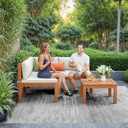 4 Pieces Outdoor Sectional Couch Patio Sectional Sofa with Acacia Wood Coffee Table, Outdoor L-Shaped Couch