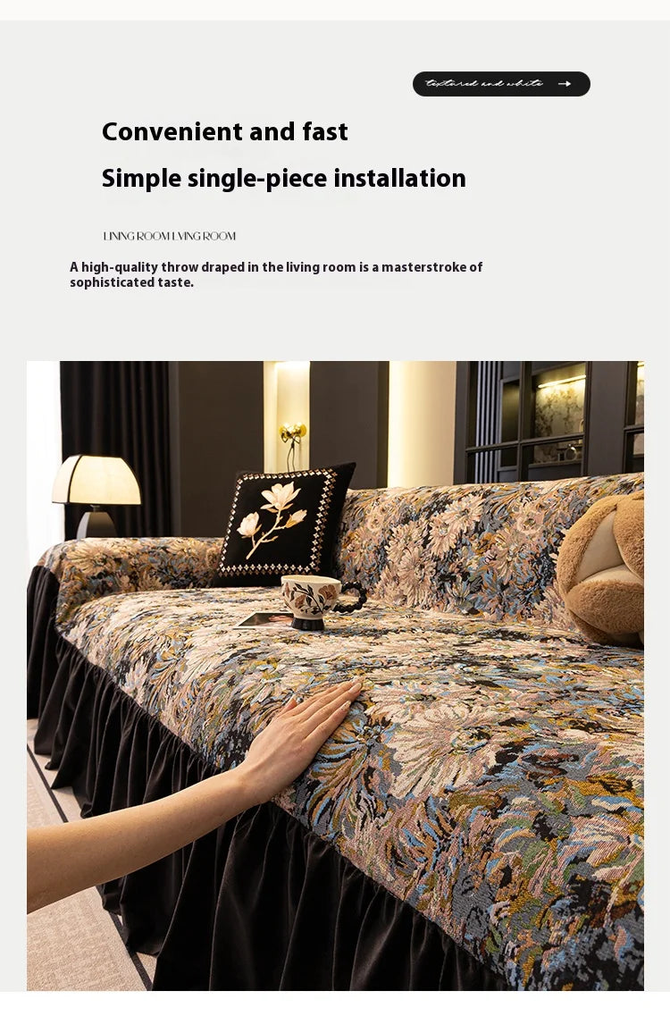 Sofa Cover with Ruffle Elegant Black Reversible for 2/3/4 Seater Couch Stretchable Slipcover Protector All Season Couch Blanket