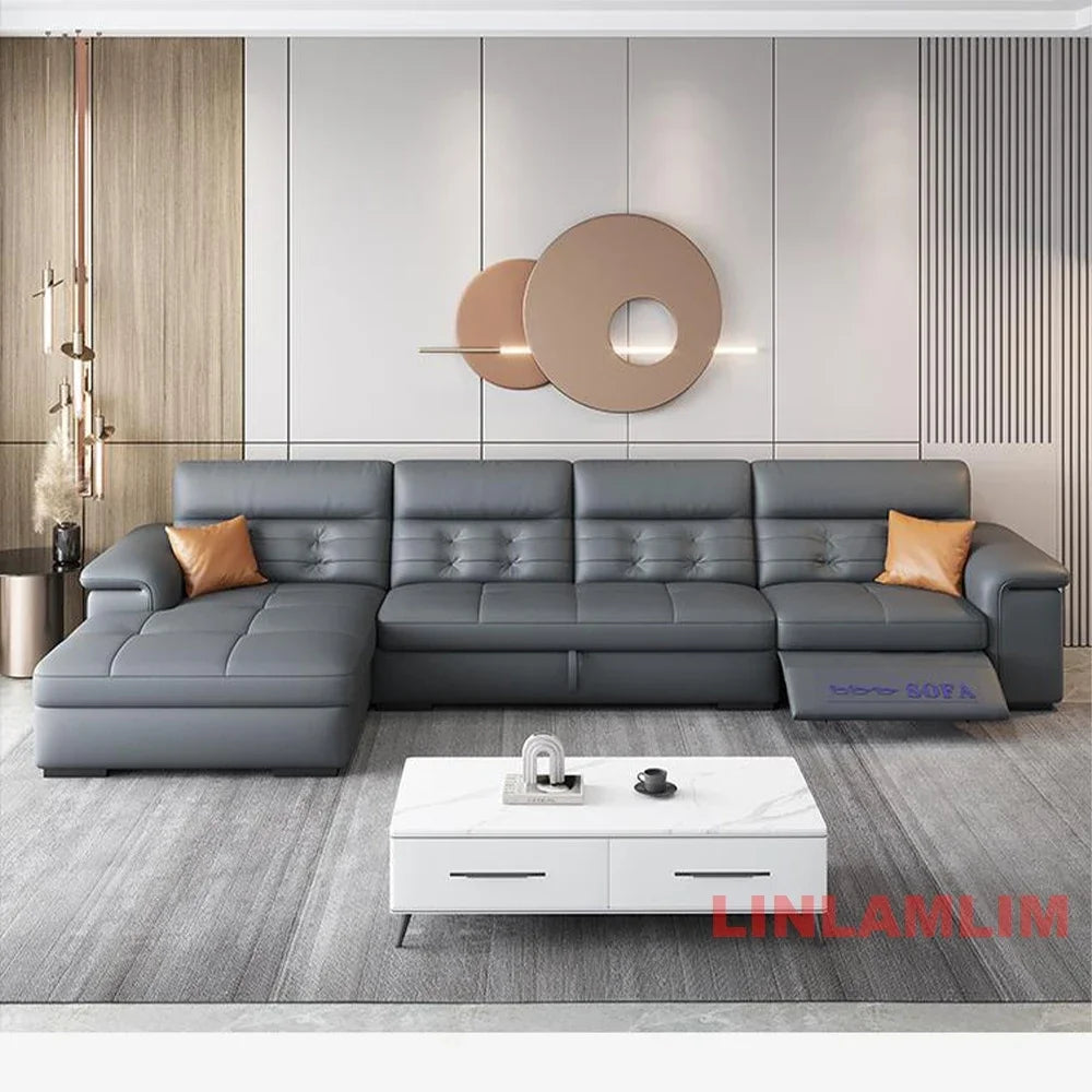 MANBAS Sectional Sofa Bed with Storage, Genuine Leather Reclining Couch, Space-Saving Convertible Sleeper Sofa for Living Room