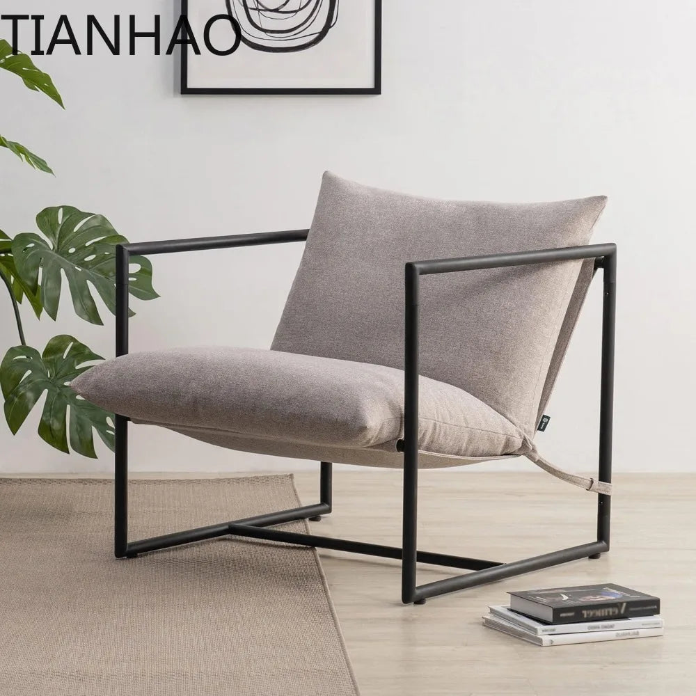 Sling Accent Chair, Metal Framed Armchair with Shredded Foam Cushioning, Oatmeal
