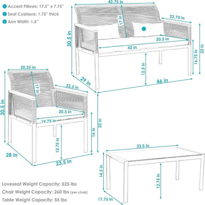 Coachford 4-Piece Patio Conversation Furniture Set - 1 Loveseat, 2 Chairs And 1 Coffee Table - Thick Blue Cushions