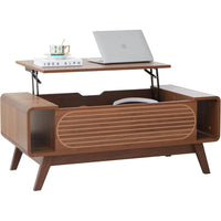 Small Lift Top Coffee Table with Hidden Compartment, Mid Century Modern Curved Coffee Table with Storage Shelf, Wooden Rectangle
