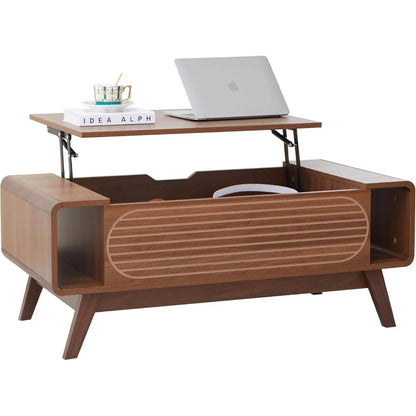 Small Lift Top Coffee Table with Hidden Compartment, Mid Century Modern Curved Coffee Table with Storage Shelf, Wooden Rectangle