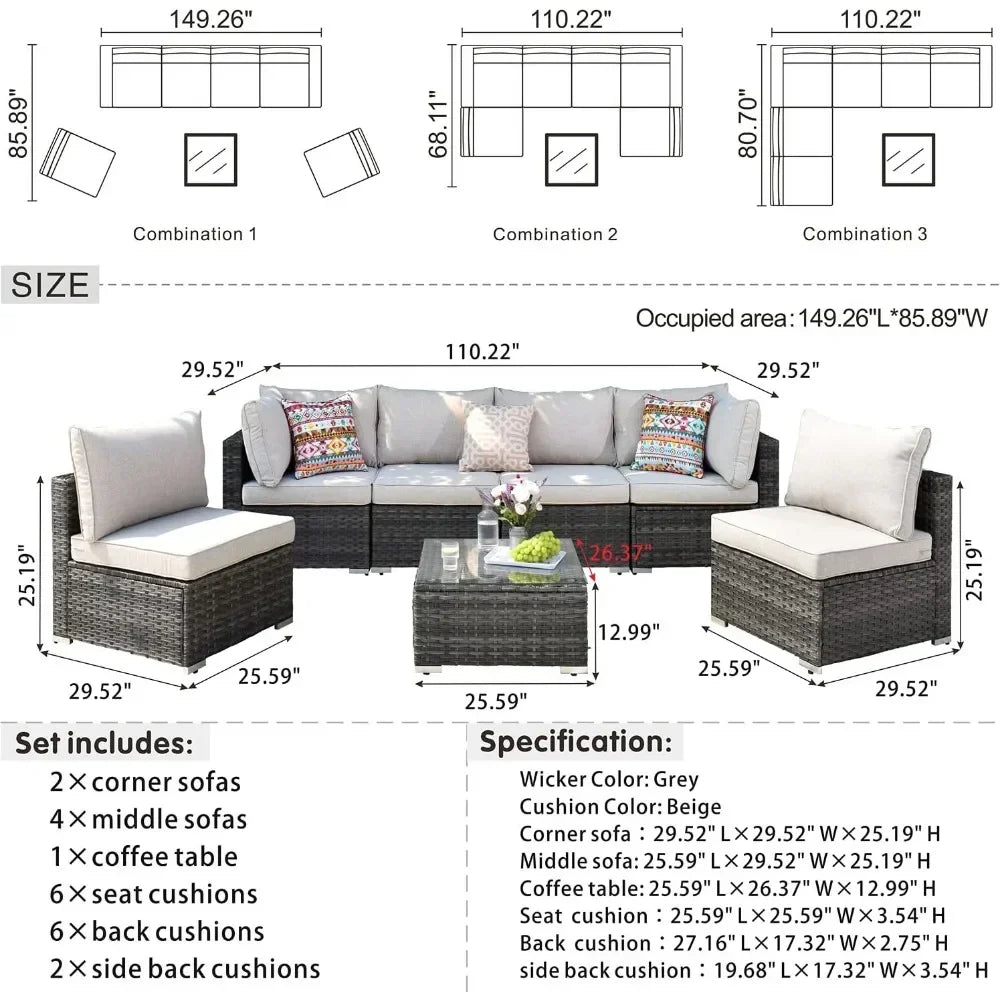 K 7-piece Outdoor Terrace Segmented Sofa Gray PE Wicker Furniture Dialogue Set Outdoor Sessions Gardens Sets Garden Patio