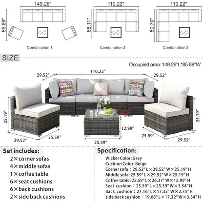 K 7-piece Outdoor Terrace Segmented Sofa Gray PE Wicker Furniture Dialogue Set Outdoor Sessions Gardens Sets Garden Patio