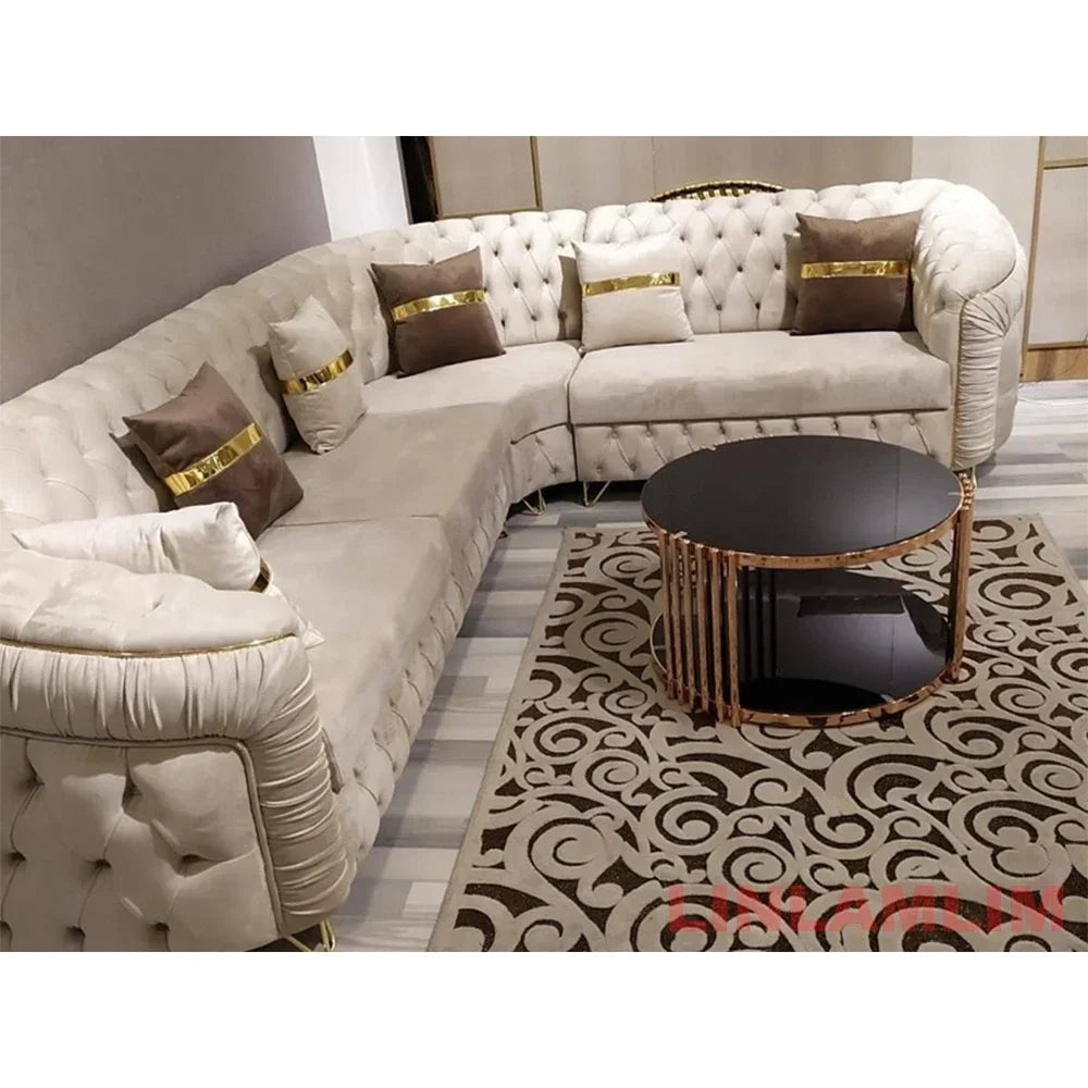 A Luxury Chesterfield Sectional Sofa Set With Cloth Buttons And Fabric Modular Couch With Gold Stainless Steel Base, 3-seater So