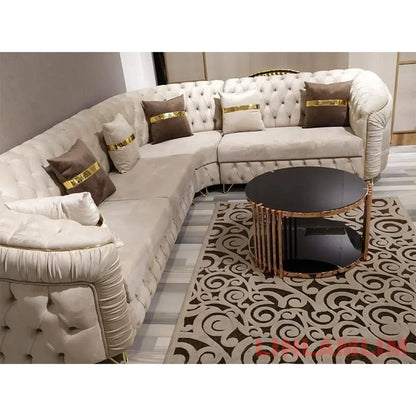 A Luxury Chesterfield Sectional Sofa Set With Cloth Buttons And Fabric Modular Couch With Gold Stainless Steel Base, 3-seater So