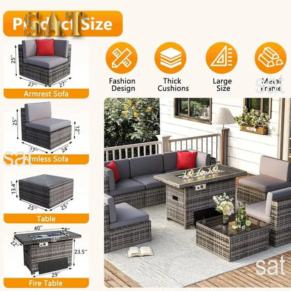 /Outdoor Patio Furniture 8 Pieces Set with 40" Fire Pit Table, Wicker Rattan Sectional Conversation Set with Coffee Table