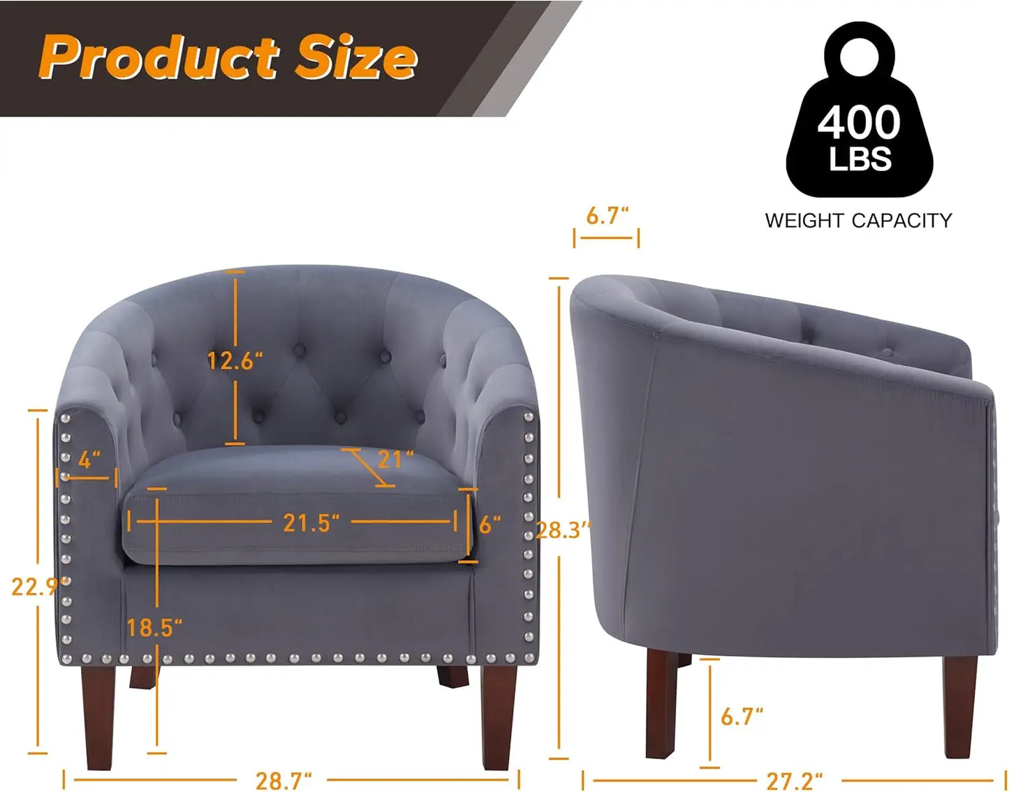 Accent Barrel Chairs Set of 2, Comfy Velvet Club Chair Armchair ,Reading Chair for Living Room Bedroom Waiting Room Office, Grey