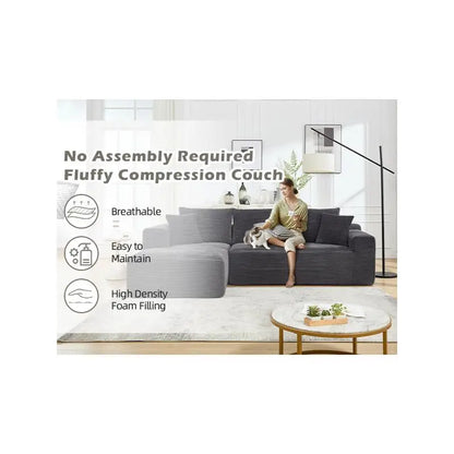 L-Shaped Modular Sectional Sofa Couch, 3-Seat Memory Foam Couch for Living Room, Oversized Chaise in Gray with Stripe (Left