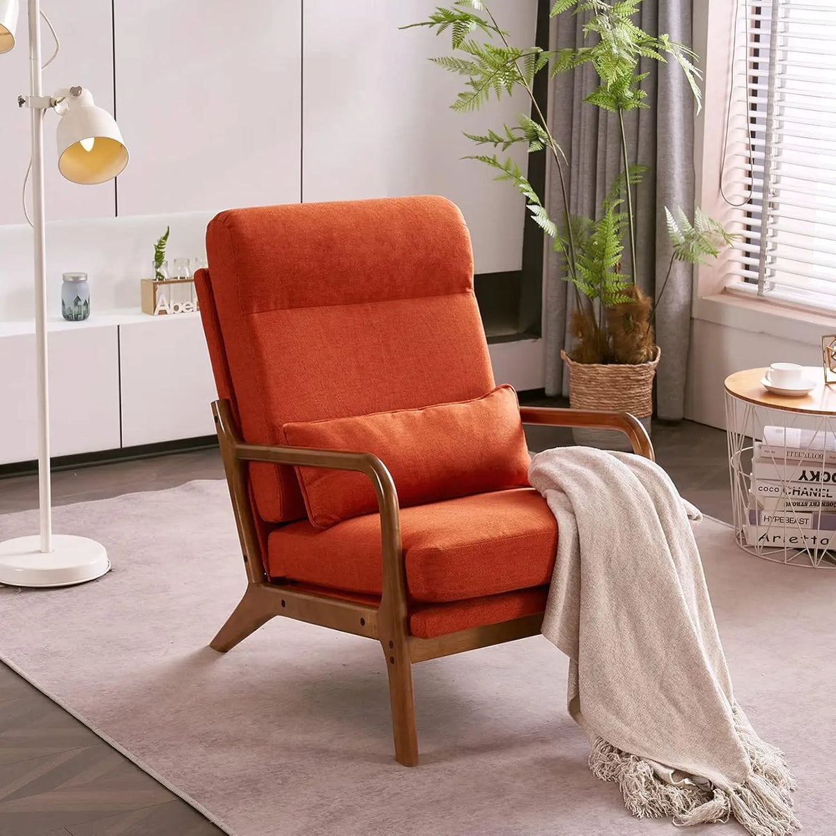 Mid-Century Modern Chair with Pillow High Back Bronzing Cloth Upholstered Lounge Arm Chair with Solid Wood Frame & Soft Cushion
