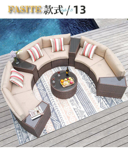 Sofa, courtyard, garden, leisure, outdoor living room, semi circular curved rattan chair, terrace, outdoor furniture combination