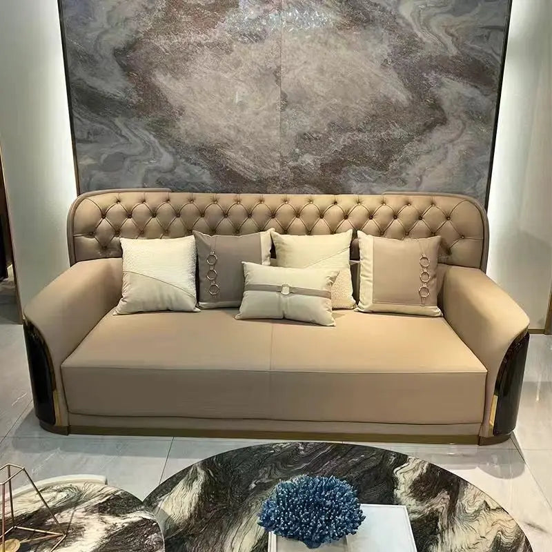Italian light luxury leather sofa modern high-end straight row villa large flat floor