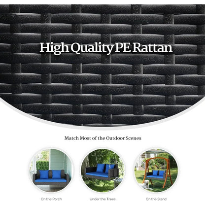 Outdoor Wicker Porch Swing With Stand Heavy Duty 800 LBS Rattan Hanging Set With Cushions 4FT for Yard Garden Lawn Black Durabl