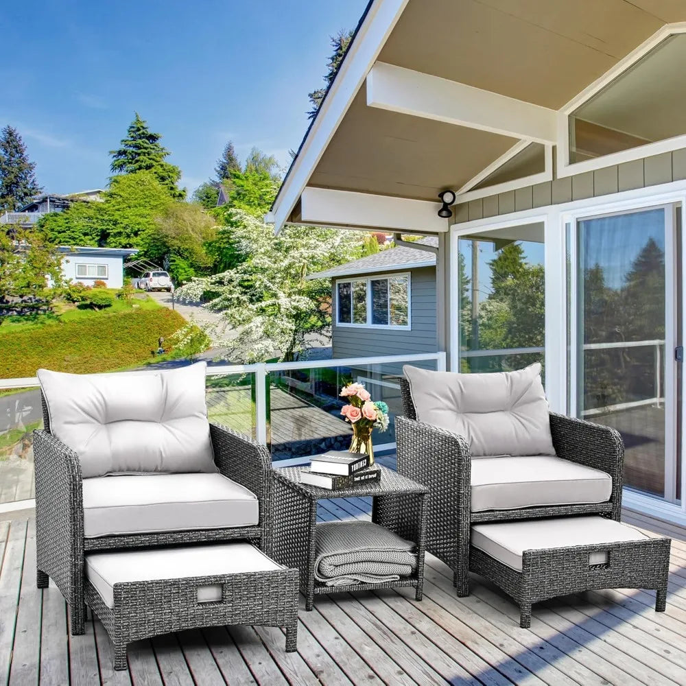 5 Pieces Outdoor Patio Wicker Chairs Set with Ottoman Outside Conversation Furniture Set with Cushions and Coffee for Ba