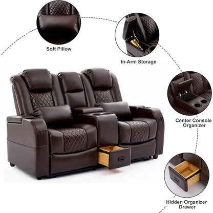 Brown Leather Loveseat Recliner with Double Recline, Center Console, and 2 Pillows for Comfortable Seating