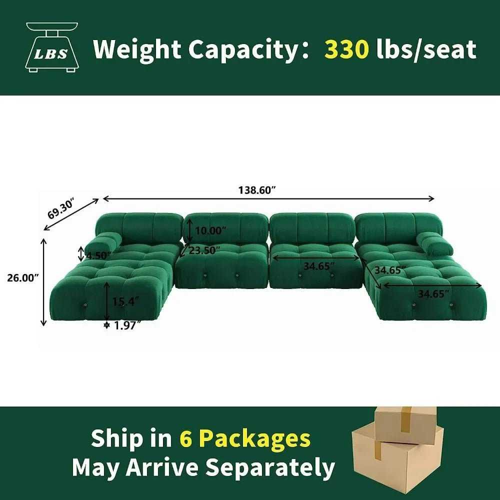 Nordic Sofa 138" Convertible Modular Sectional Couch, U-Shaped Minimalist Velvet , Mid-Century Modern Comfy