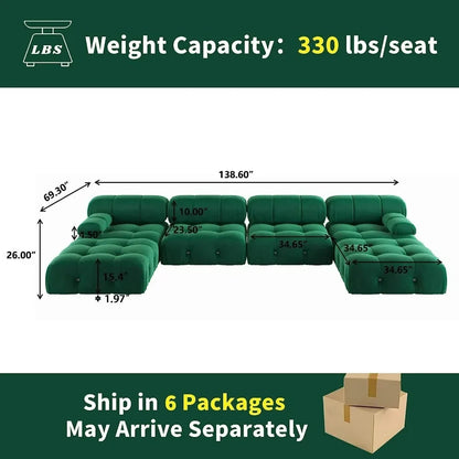 Nordic Sofa 138" Convertible Modular Sectional Couch, U-Shaped Minimalist Velvet , Mid-Century Modern Comfy