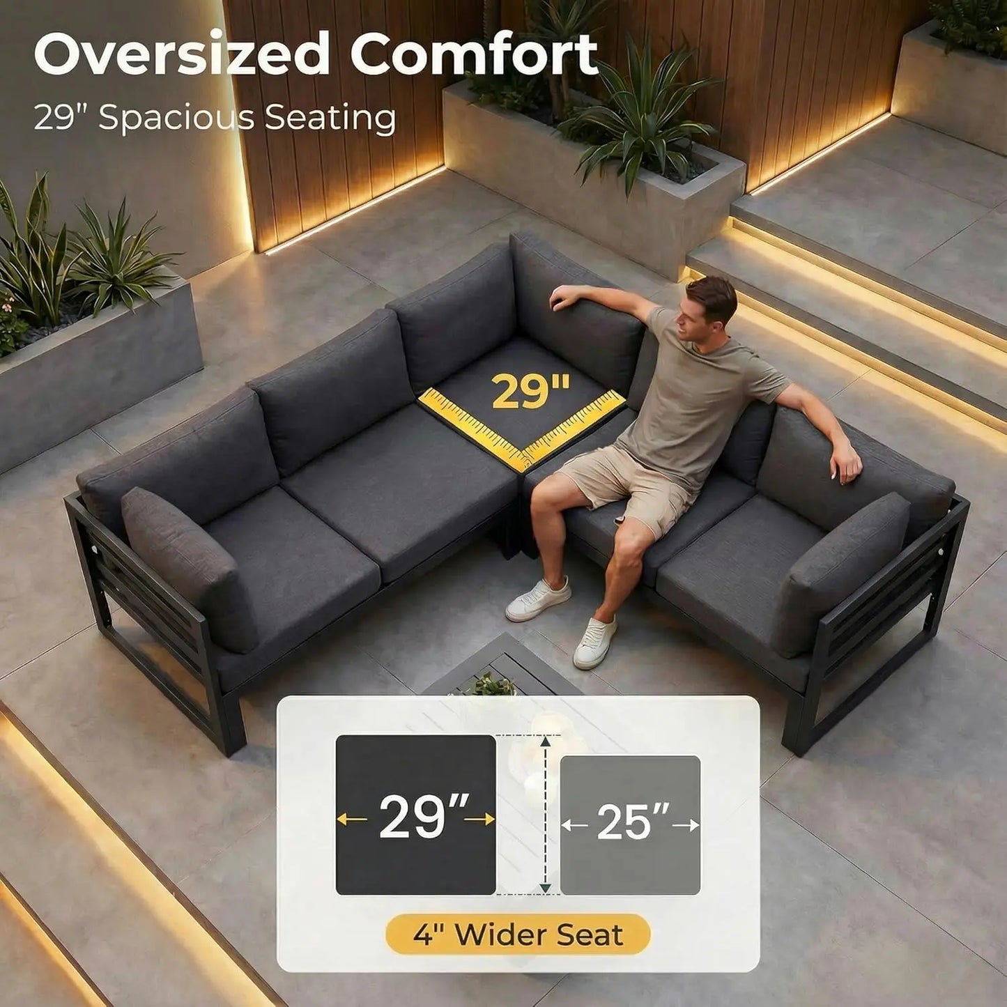 5 Person Luxury Aluminum Outdoor Sectional Sofa with Side Table, Large L Shaped Patio Furniture Set, 29" Deep Wide, Customized