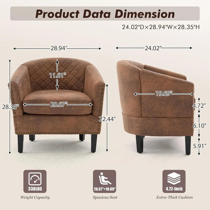 Accent PU Barrel Chair Set of 2 Living Room Chair, Upholstered Sofa Club Chair Set with Nail-Heads and Solid Wood Legs