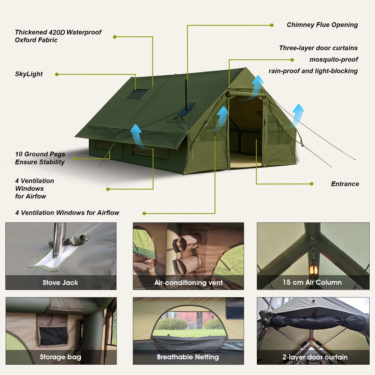 129 Square Feet Green Inflatable Camping Tent with Hand Pump,Waterproof Windproof Outdoor Blow up Tent with Chimney Stack