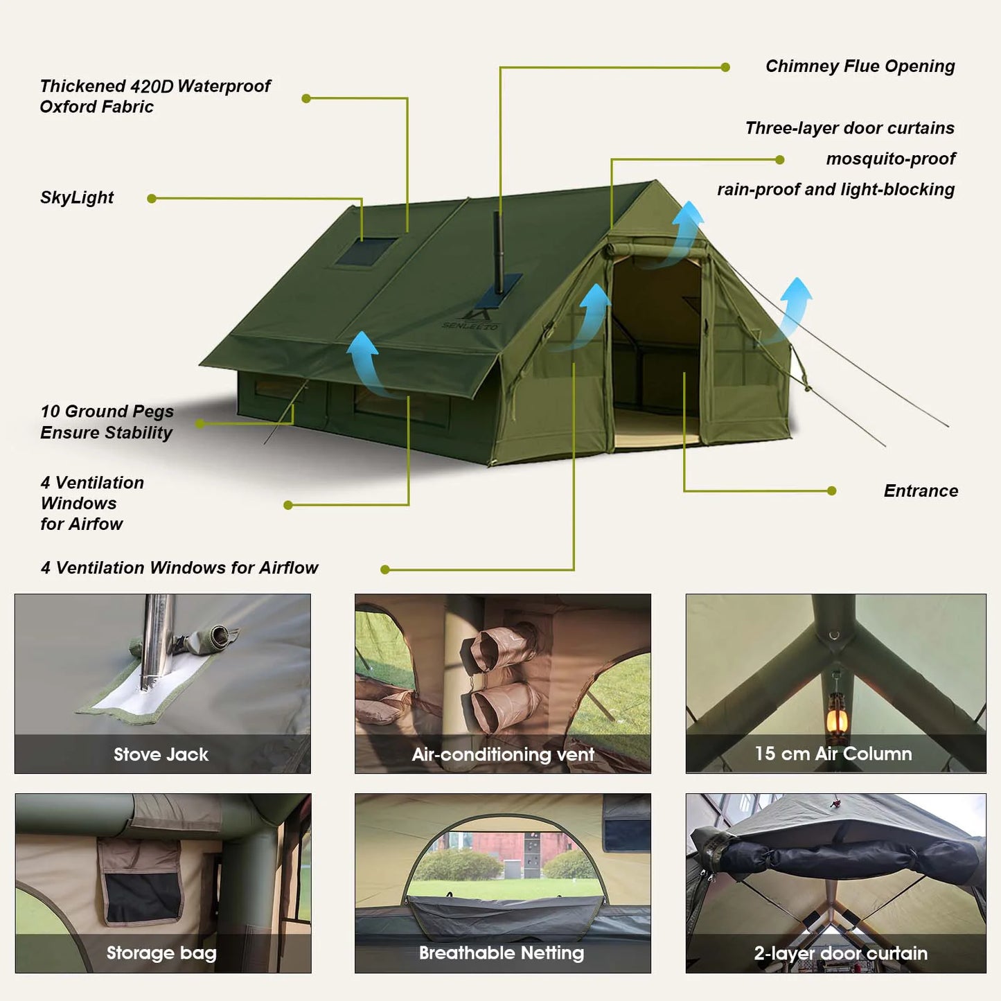129 Square Feet Green Inflatable Camping Tent with Hand Pump,Waterproof Windproof Outdoor Blow up Tent with Chimney Stack