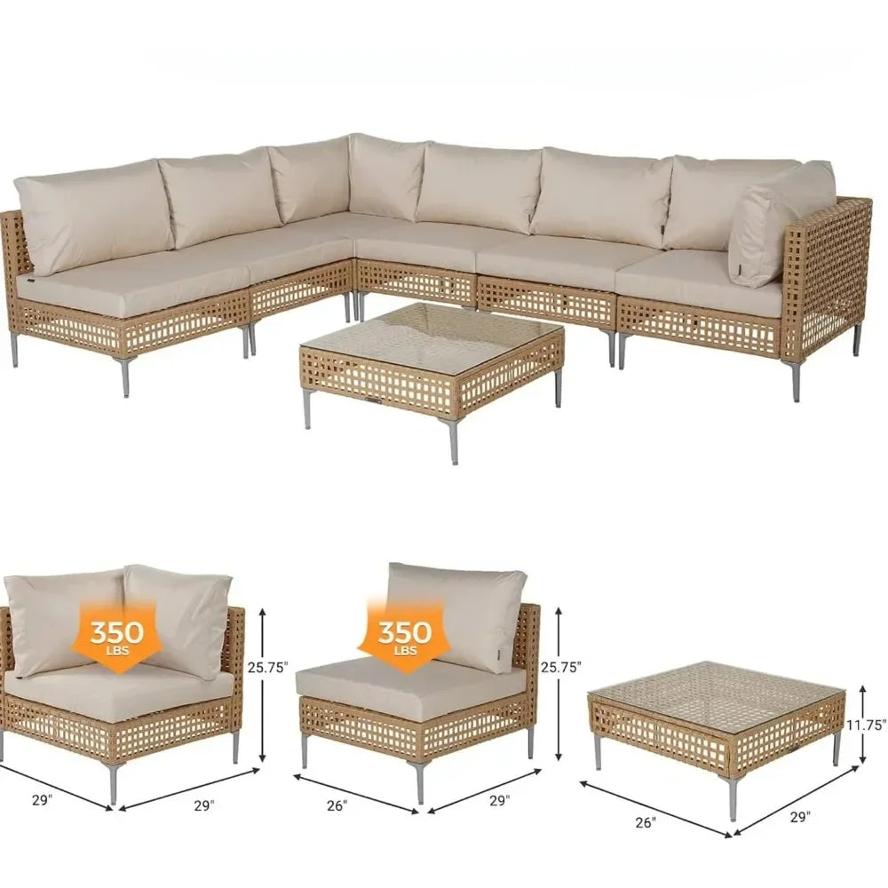 Garden Sofas 7-Piece Wicker Patio Furniture Set, All-Weather Boho Outdoor Conversation Set Sectional Sofa  Garden Sofas