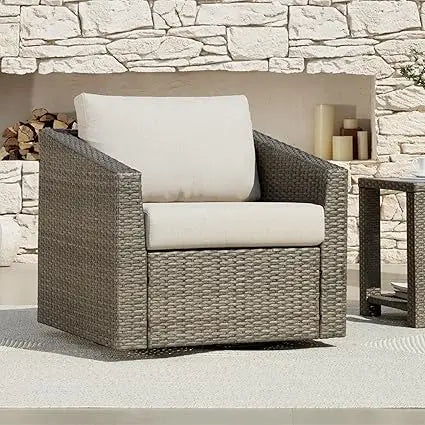 Patio Wicker Chair, 360° Swivel Outdoor Rattan Chair with Thickened Cushions for Backyard, Poolside, Garden or Porch, Beige Cus