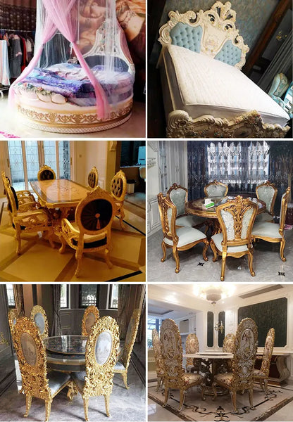 French Royal Baroque Dining Set — Hand-Carved Solid Wood Table with Upholstered Chairs, Luxury Gold for Villa/Hotel