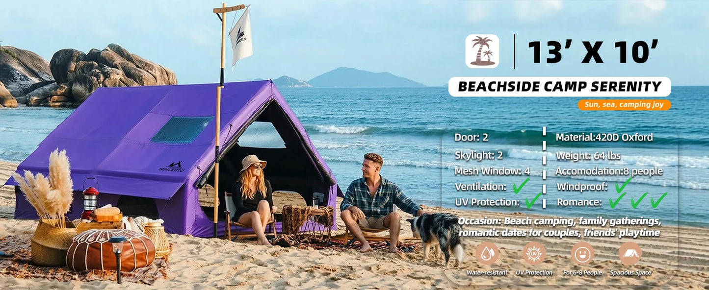129 Square Feet Purple Inflatable Tent 6-8 Person for Camping,4 Season Easy Setup Waterproof Oxford Air Tent House with Tarp