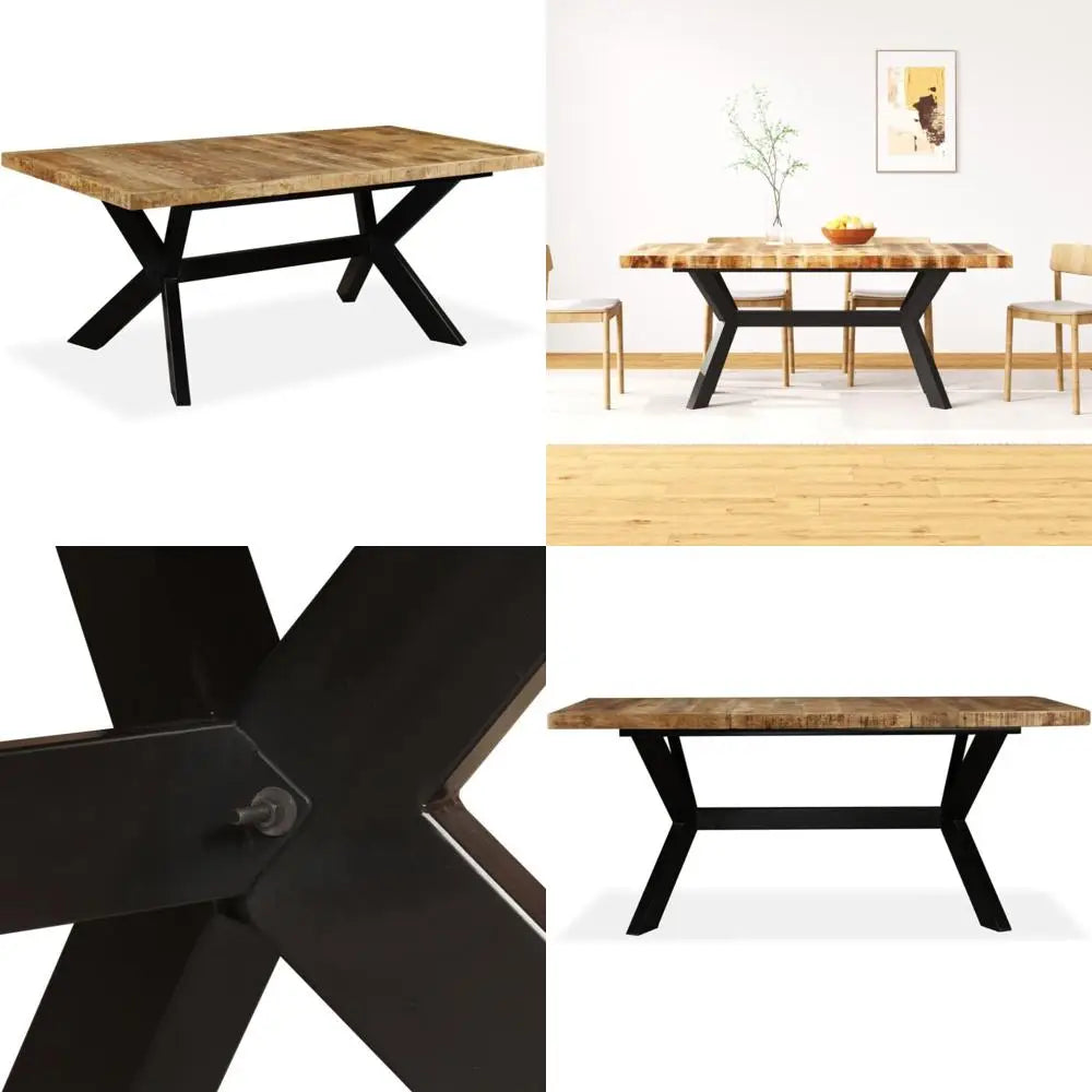 Solid Mango Wood Dining Table with Black Steel Frame, 70.9" x 35.4" x 29.9", Seats 4-6, Polished Finish, Perfect for Kitchen and