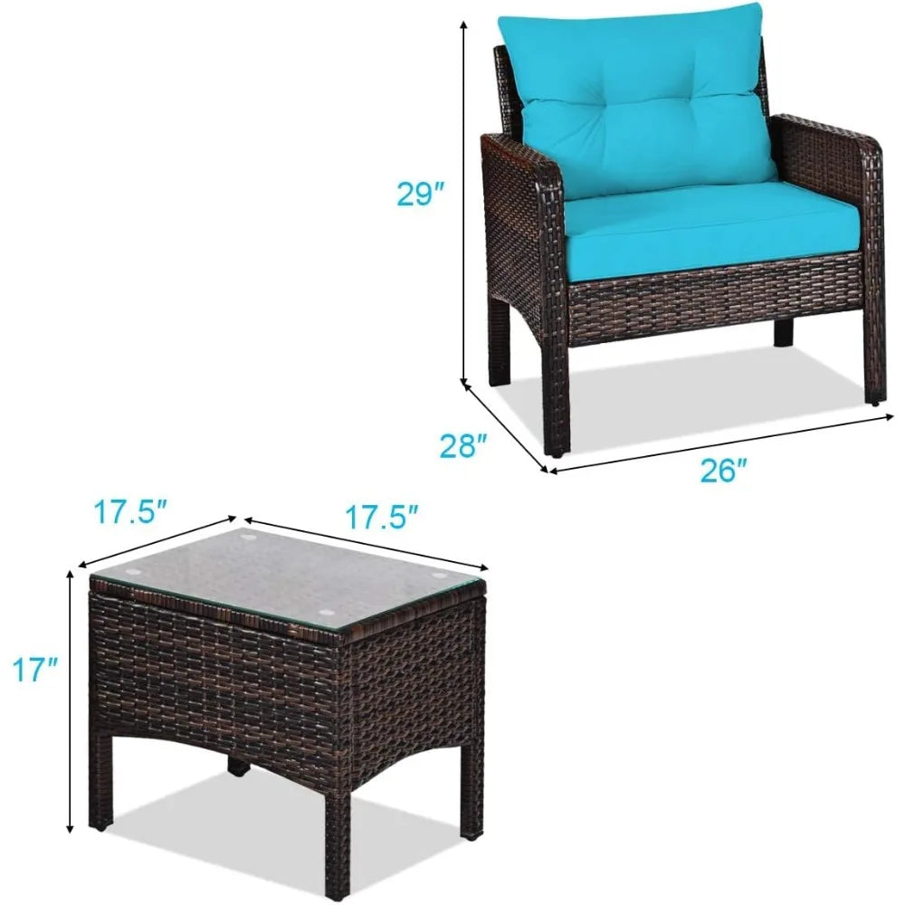 3-Piece Patio Furniture Set, PE Rattan Wicker Outdoor Conversation Set w/Glass Top Coffee Table & Thick Cushions.