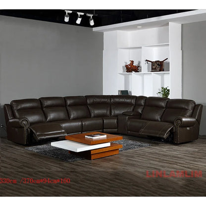 MINGDIBAO Luxury Genuine Leather Power Recliner Sofa Set, L Shape Electric Reclining Couch with Nailhead Trim, Home Theater Seat