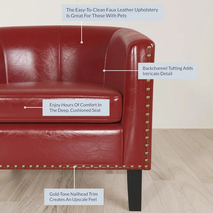 Modern Faux Leather Tub Club Chair with Gold Nailheads for Living Room Accent
