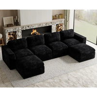 Cloud Sectional Couches for Living Room Plush Corduroy U Shaped Boneless Modular Sectional Sofa with Deep Seat. Black Couch