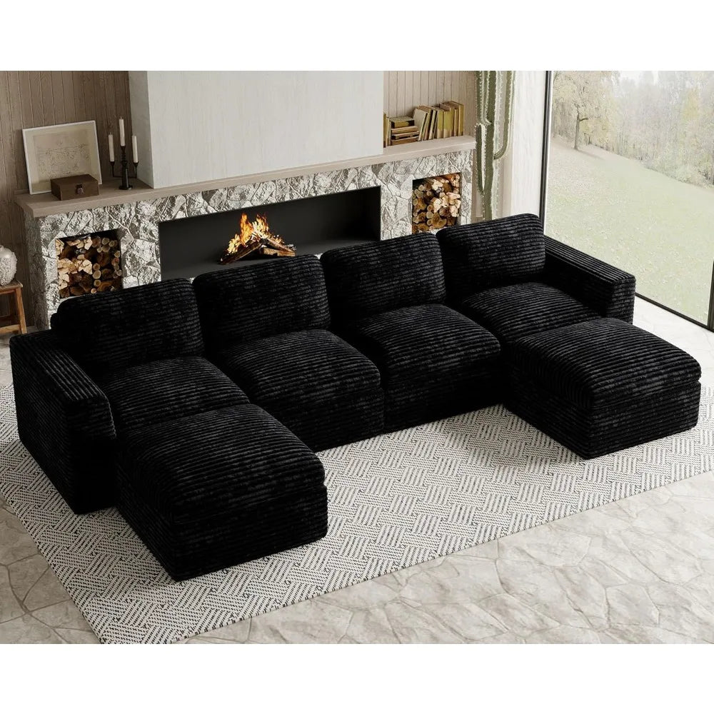 Cloud Sectional Couches for Living Room Plush Corduroy U Shaped Boneless Modular Sectional Sofa with Deep Seat. Black Couch