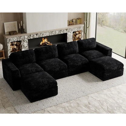 Cloud Sectional Couches for Living Room Plush Corduroy U Shaped Boneless Modular Sectional Sofa with Deep Seat. Black Couch