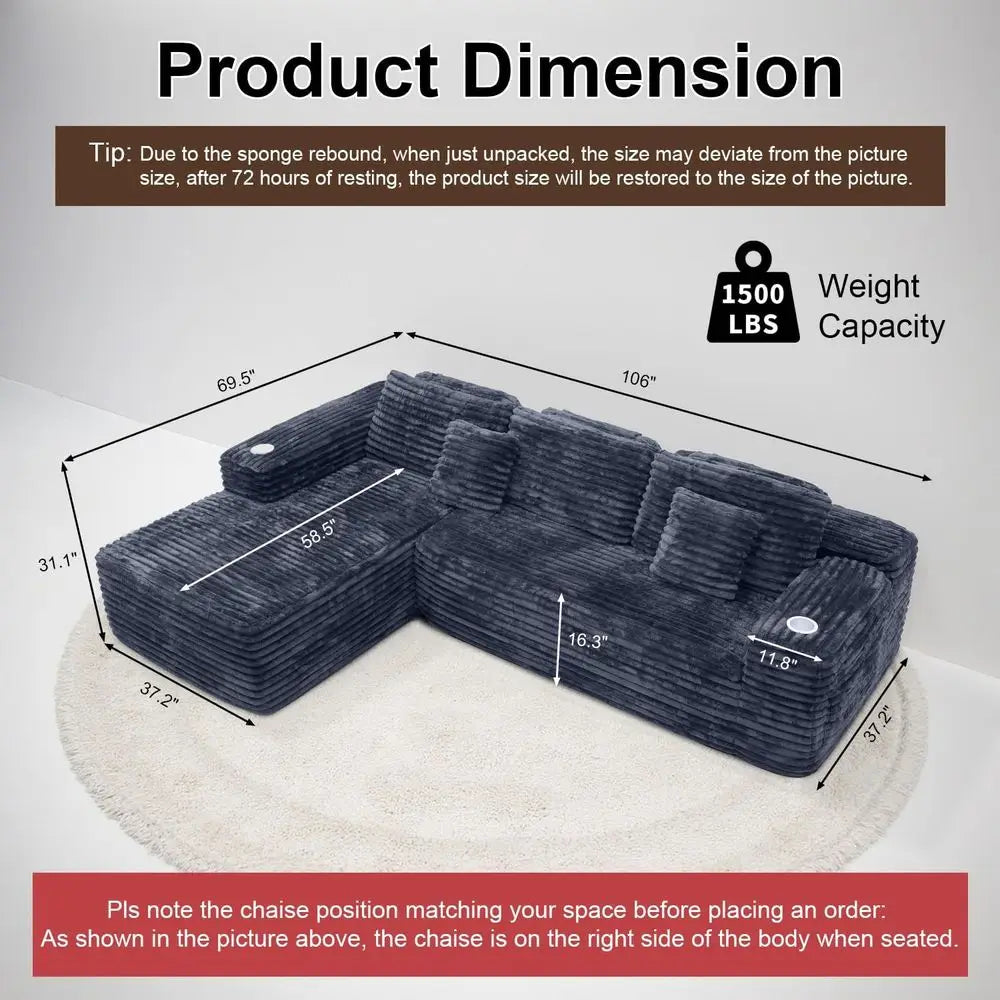 Cloud Sectional Couch with L-Shape Chaise, Modern Modular Sofa with Deep Seat, Built-in Cup Holder & Storage Pocket for Living R