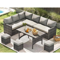 All-Weather Wicker Outdoor Sectional Sofa Set with Patio Dining Table and Chairs