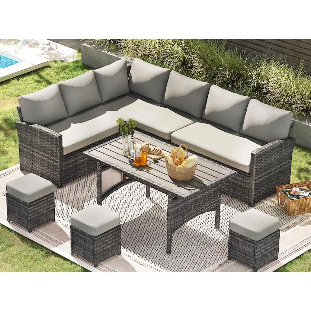 All-Weather Wicker Outdoor Sectional Sofa Set with Patio Dining Table and Chairs