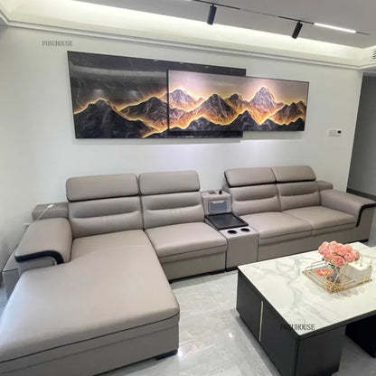 Modern Large Apartment Chaise Leather Sofa Combination Set Light Luxury Living Room Sofas Creative Office Comfortable Large Sofa