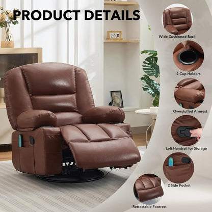 Oversized Recliner Chair Heat Vibration Massage PU Leather Manual Swivel Rocker Cup Holders Side Pocket Brown