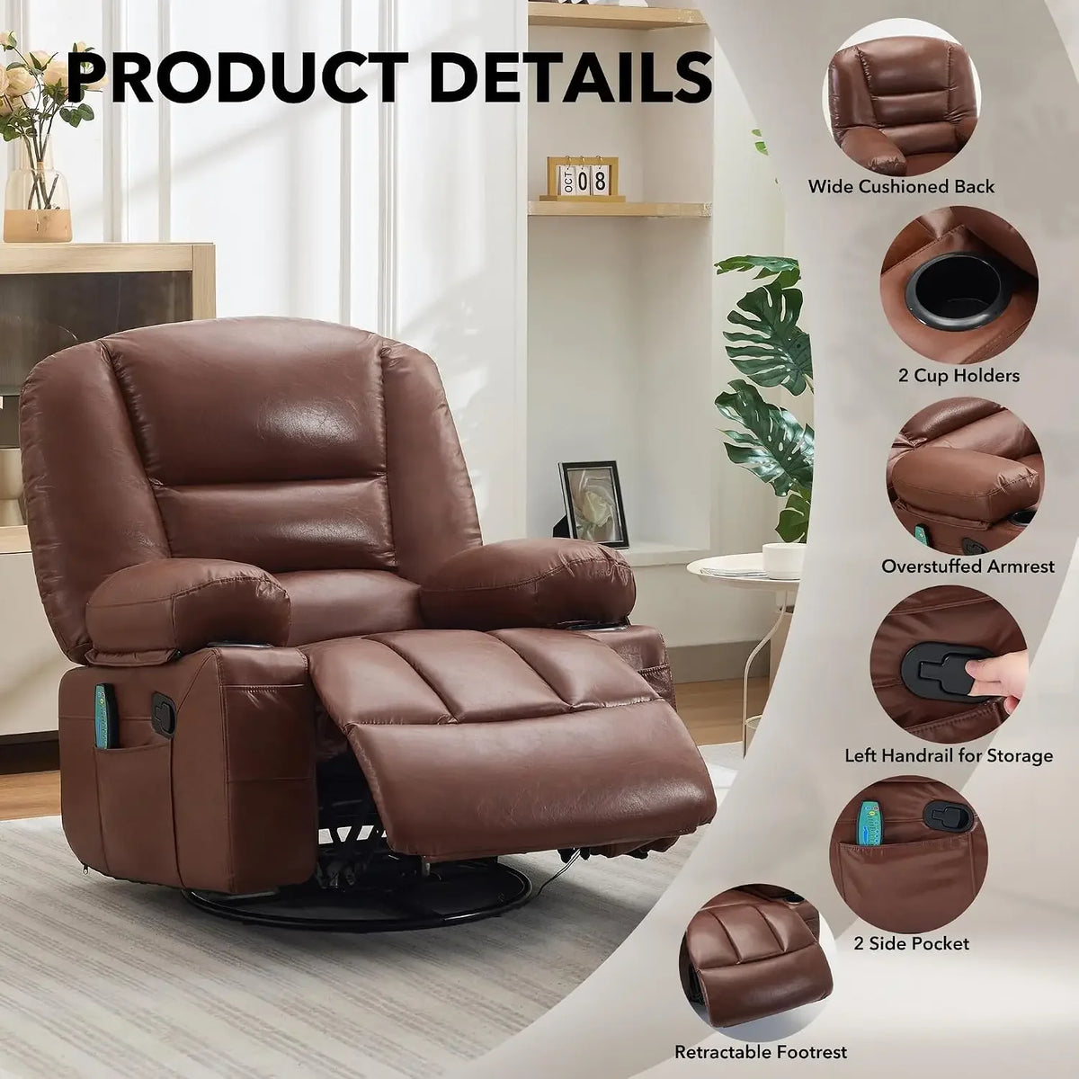 Oversized Recliner Chair Heat Vibration Massage PU Leather Manual Swivel Rocker Cup Holders Side Pocket Brown