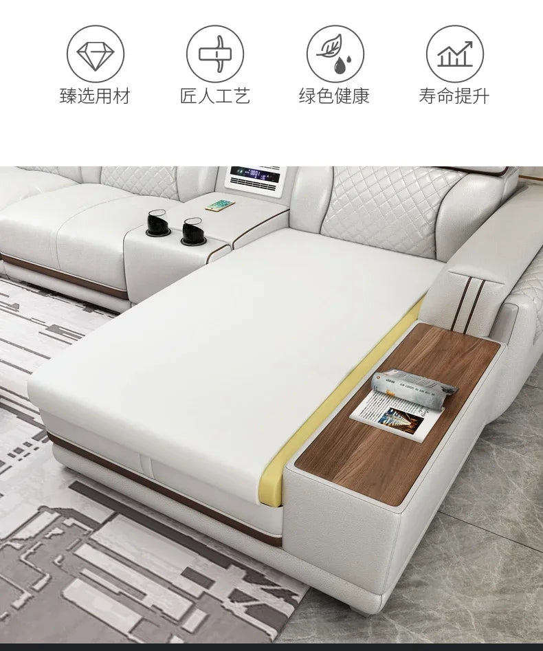 Italian leather sofa set, living room furniture, leather sofa with air purifier and Bluetooth speaker, Modernos Para Sala large