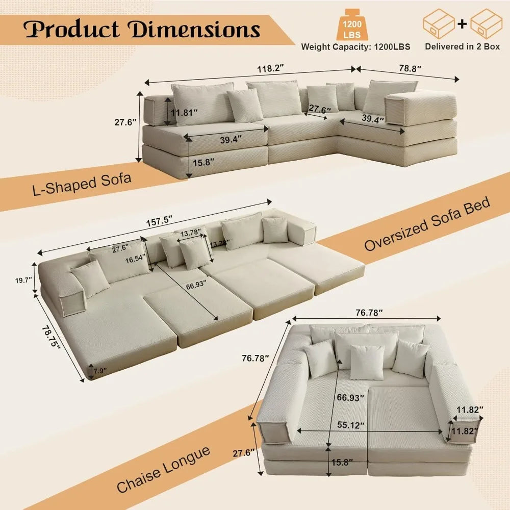 118" L Shaped Modular Sectional Cloud Couch, 6-in-1 Memory Foam Boneless Couch for Living Room, DIY Oversized Corduroy Sofa Bed