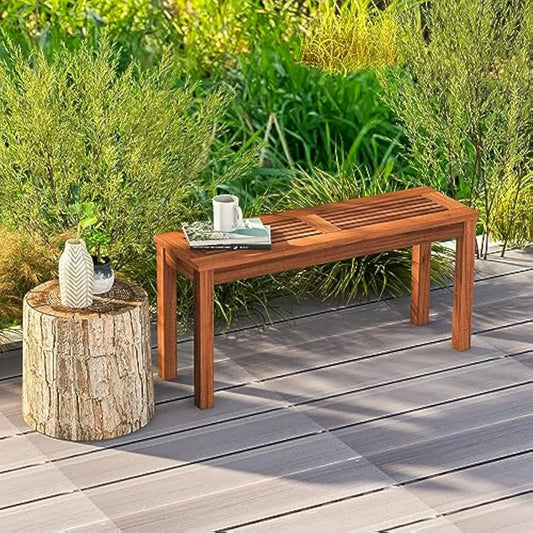 Tangkula Patio Wood Bench, 2-Person Solid Wood Bench with Slatted Seat, 39.5" Long Loveseat with Stable Wood Frame, Indoor Outdo